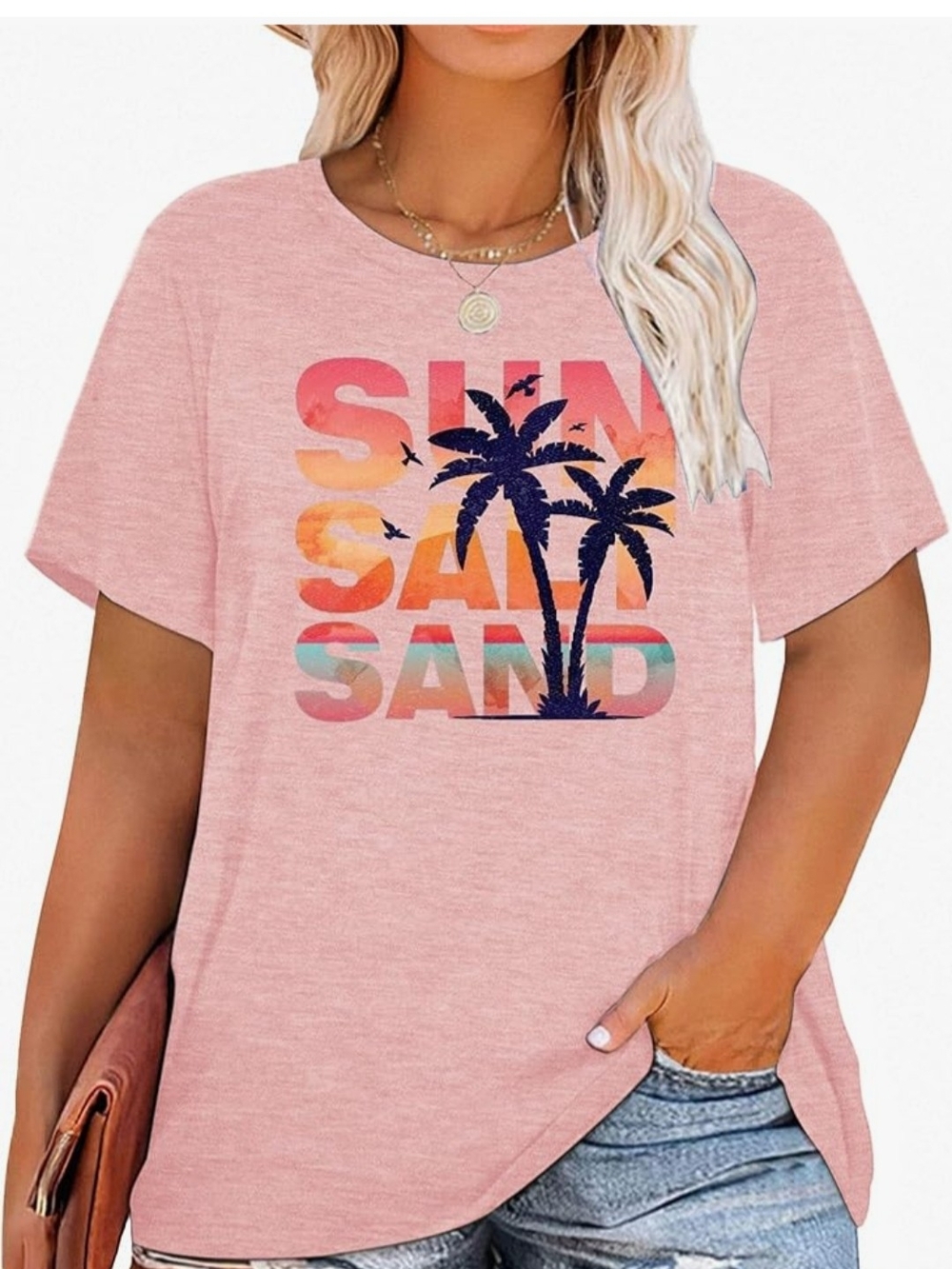 Casual Pink Palm Graphic Tee - Women Tops